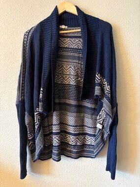 oho Tribal Print Open Front Cardigan Navy Tan Hi Lo Draped Lightweight Knit